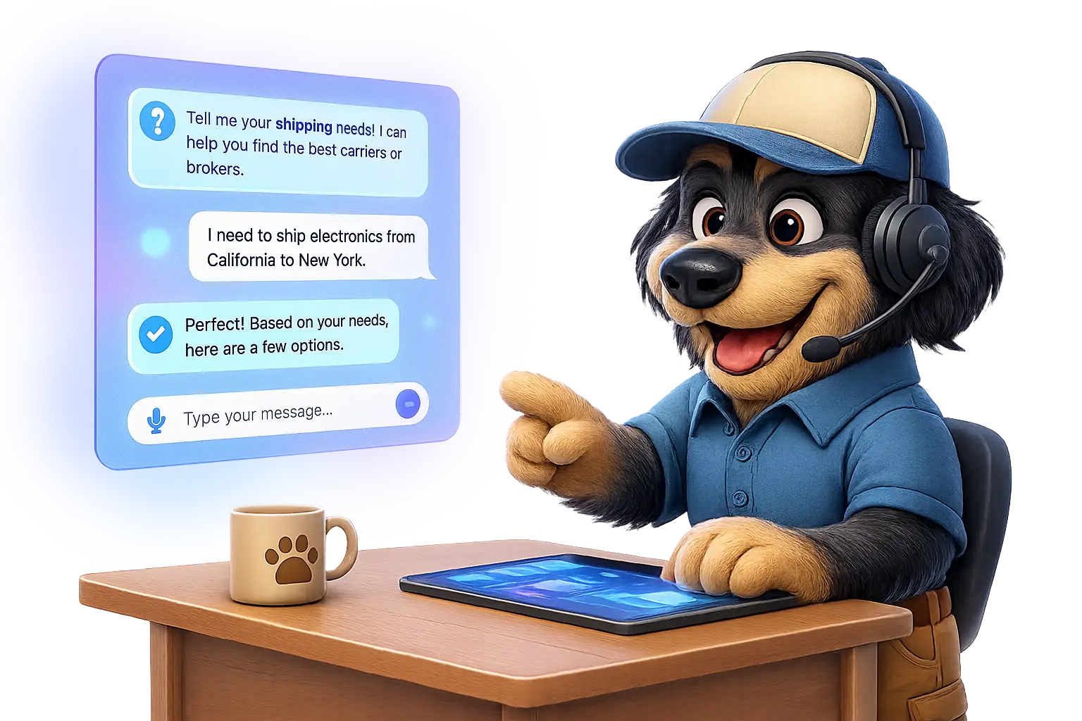 Image of Moosey the dog working at a desk and chatting with users